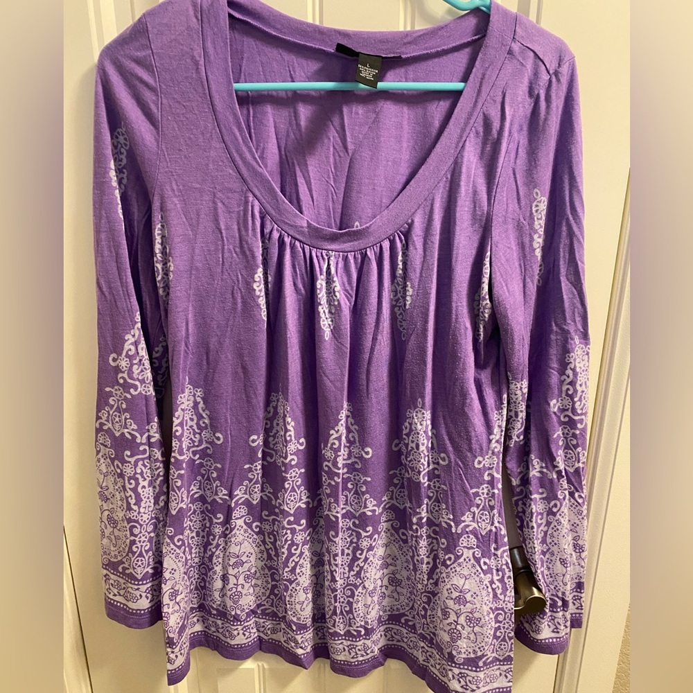 INC International Concepts L Top Purple Gray Large Shirt Lg Blouse Long Sleeve